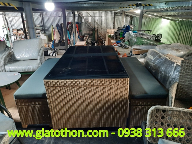 BÀN GHẾ NHỰA MÂY BÀN TO GHẾ DÀI KHÔNG TỰA GIÁ RẺ bàn ghế mây nhựa cafe